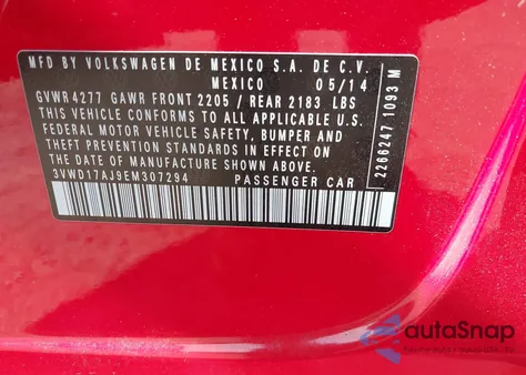 2014 Volkswagen Jetta Se из США, поврежденный, VIN 3VWD17AJ9EM307294